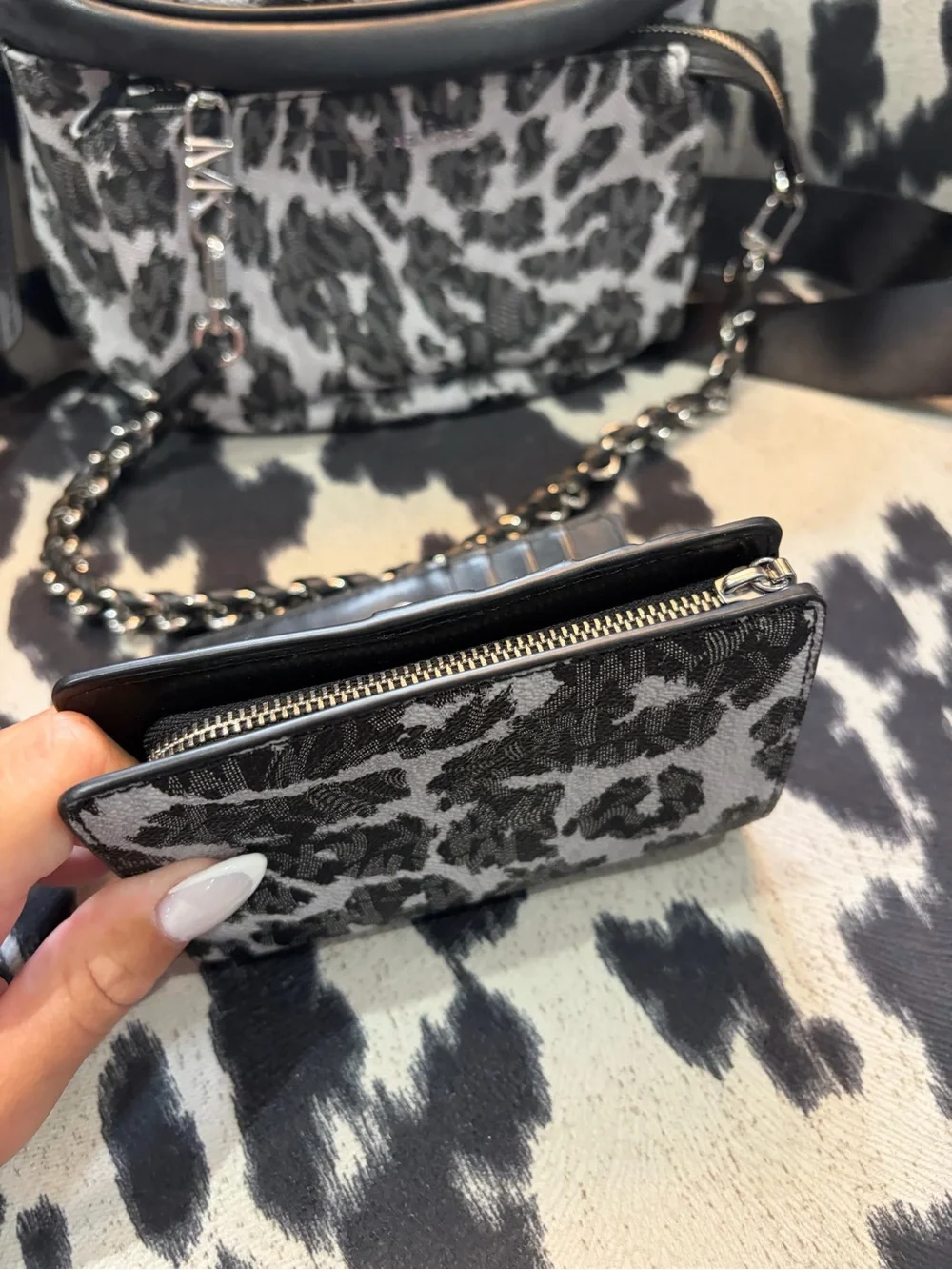 Michael Kors Black & Gray Leopard-Print Crossbody with Chain & matching wallet.